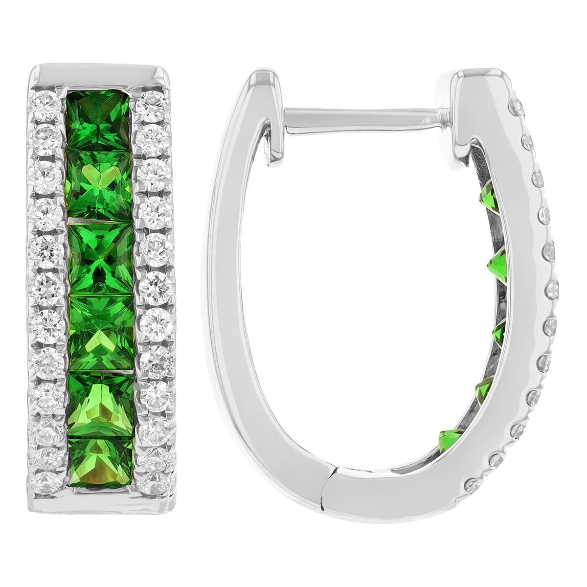 Princess Cut Tsavorite Garnet & Diamond Hoop Earrings in White Gold, 1.49 tw