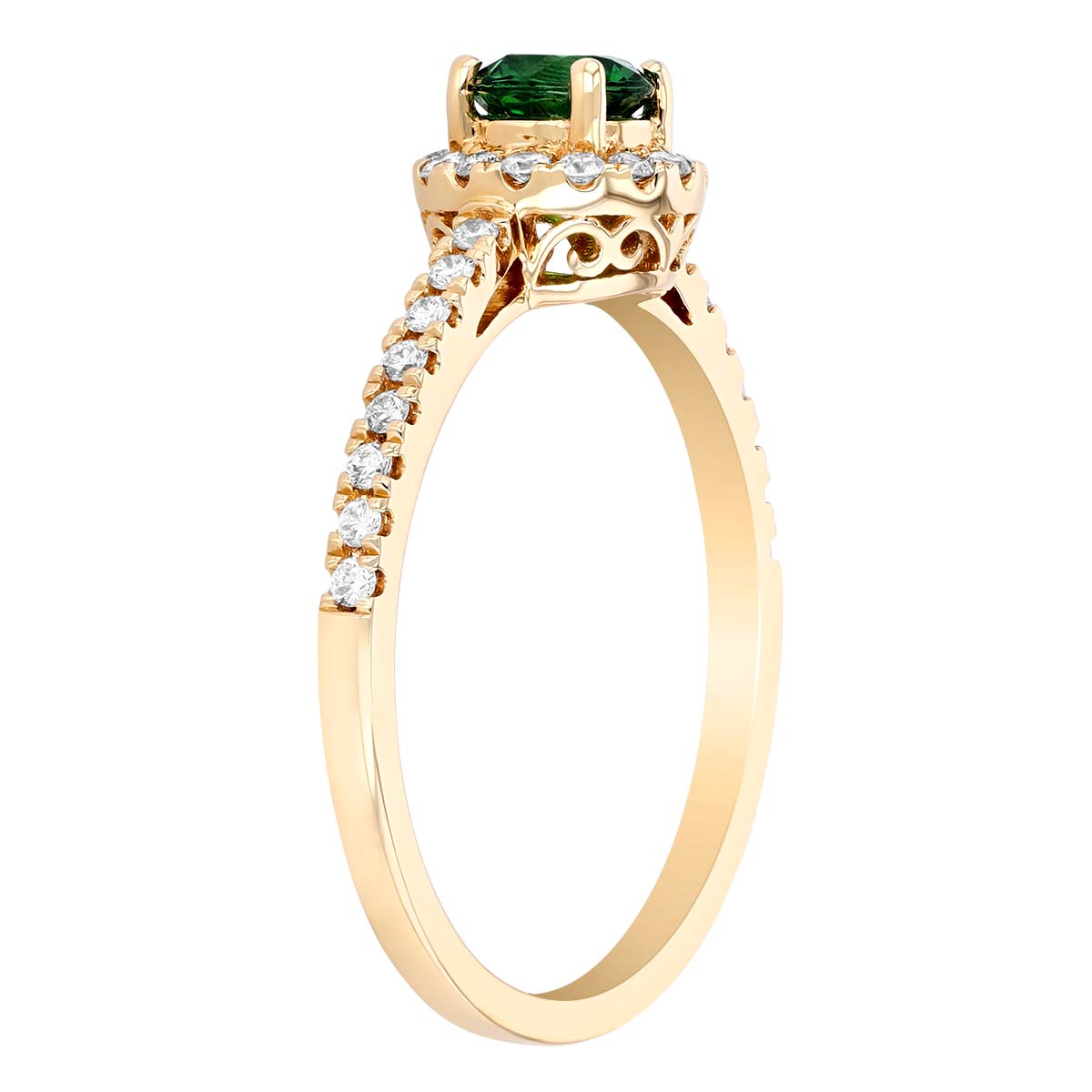 Round Tsavorite Garnet & Diamond Halo Ring in Yellow Gold, .46 ct