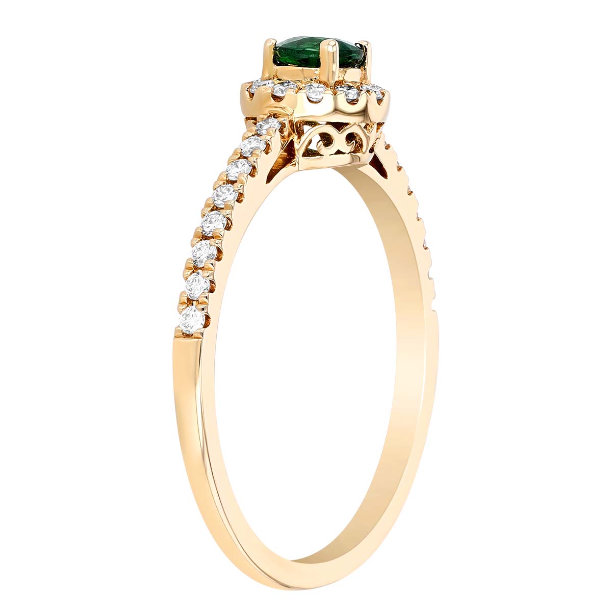 Round Tsavorite Garnet & Diamond Halo Ring in Yellow Gold, .29 ct