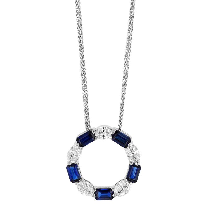 J.B. Star Emerald Cut Saphire & Oval Diamond Open Circle Pendant in Platinum 18"