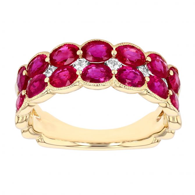 Oval Ruby & Diamond 2 Row Ring ni Yellow Gold