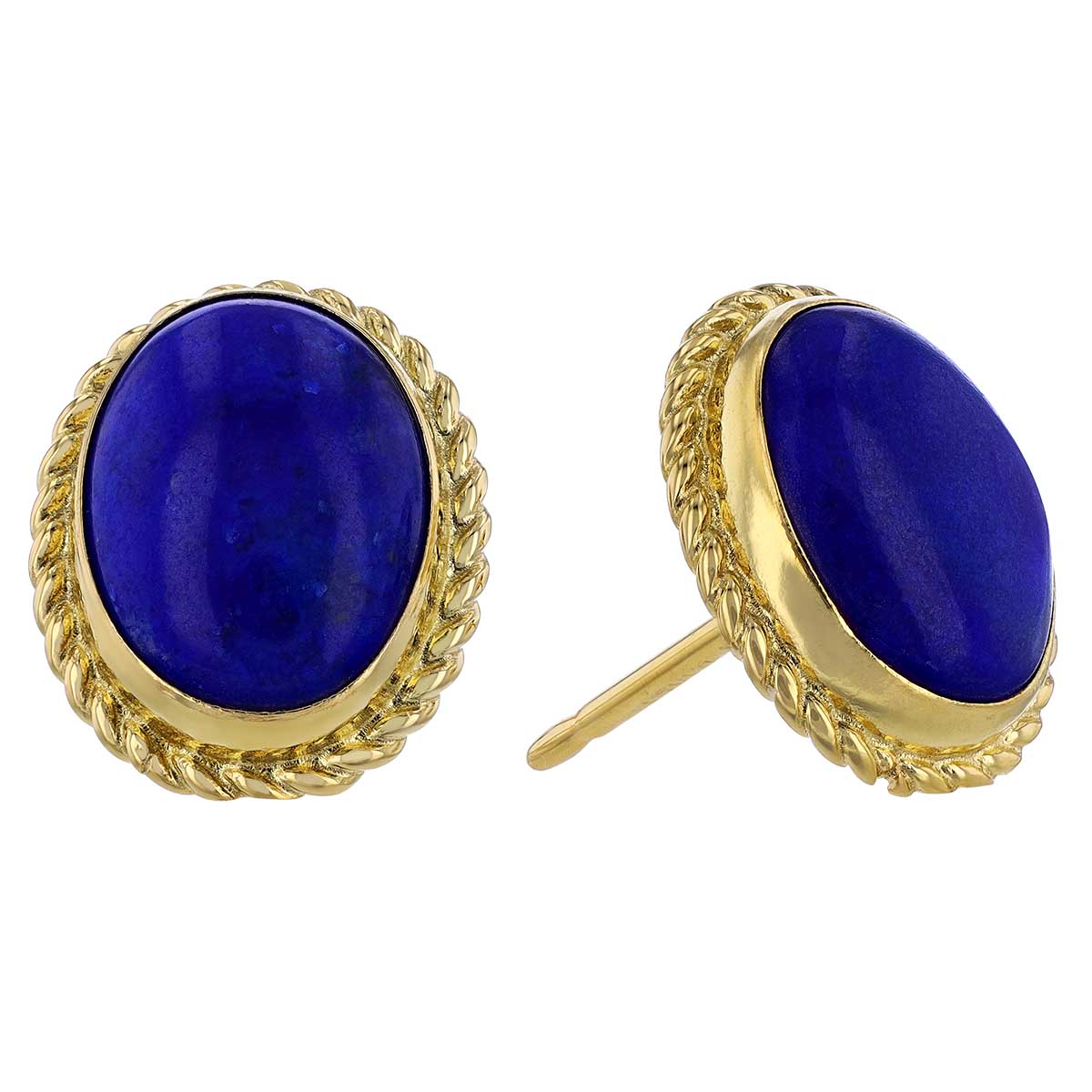 Oval Cabochon Lapis Lazuli Stud Earrings in Yellow Gold