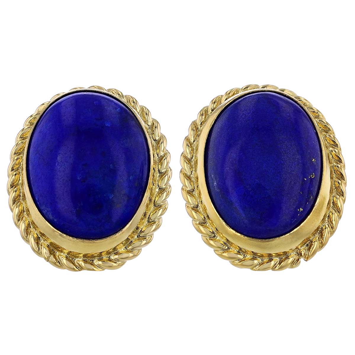 Oval Cabochon Lapis Lazuli Stud Earrings in Yellow Gold