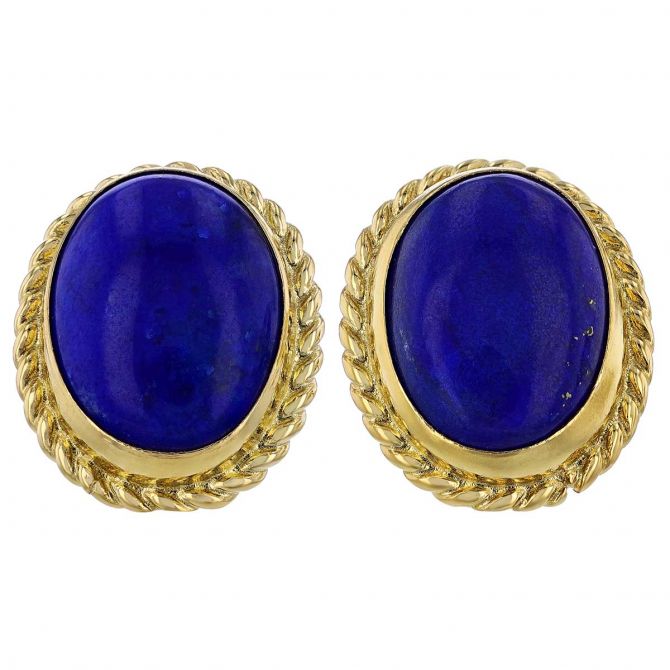 Oval Cabochon Lapis Lazuli Stud Earrings in Yellow Gold