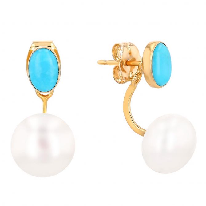 Freshwater Cultured Pearl & Oval Cabochon Turquoise Drop Earrings in Yellow Gold