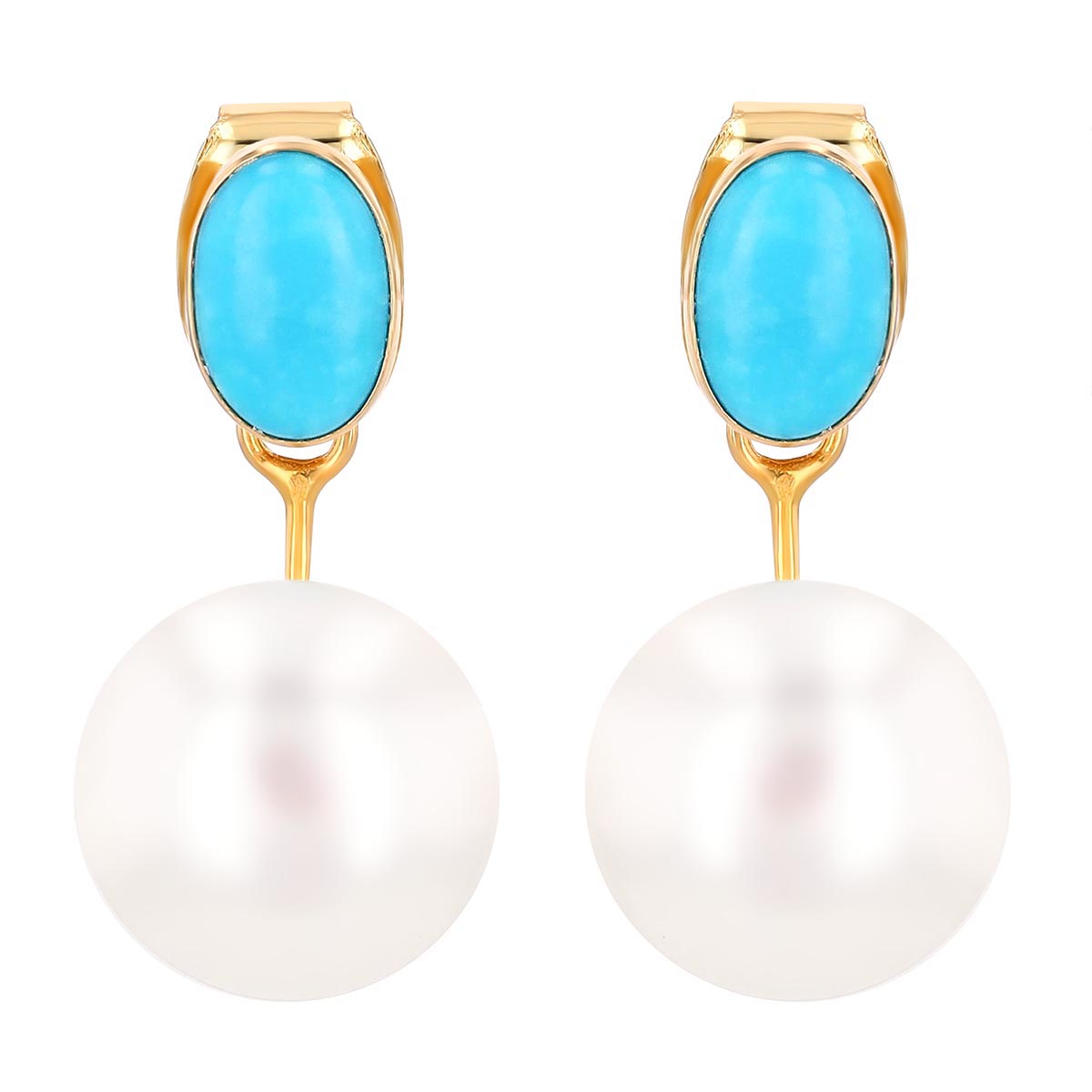 Freshwater Cultured Pearl & Oval Cabochon Turquoise Drop Earrings in Yellow Gold