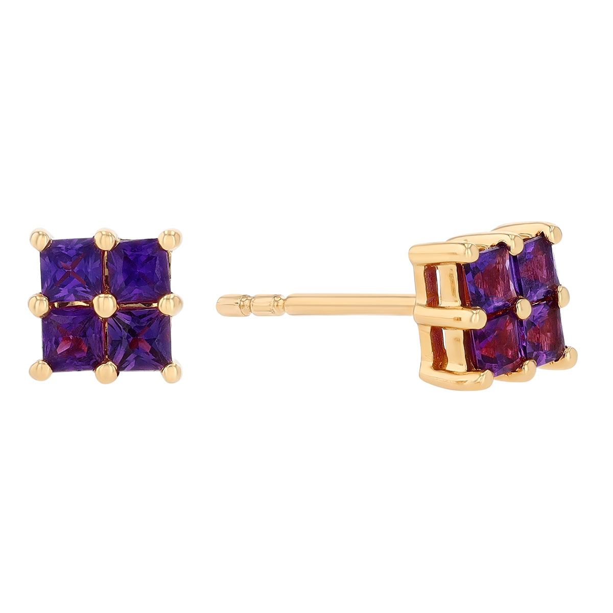 Princess Cut Purple Sapphire Quartet Stud Earrings in Yellow Gold