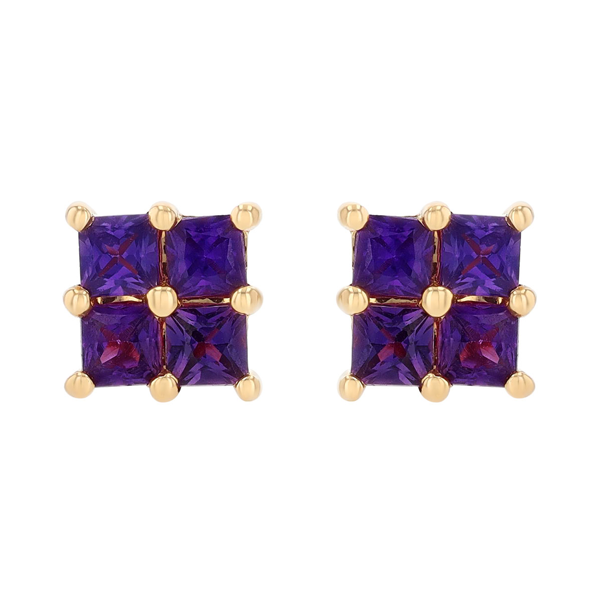 Princess Cut Purple Sapphire Quartet Stud Earrings in Yellow Gold