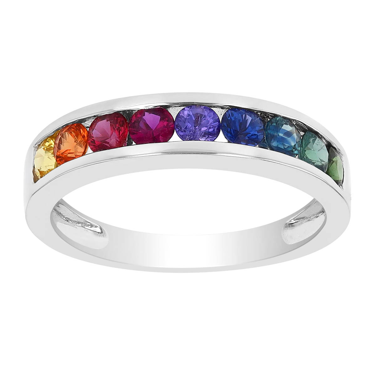 Multicolored Rainbow Round Sapphire Channel Set Ring in White Gold