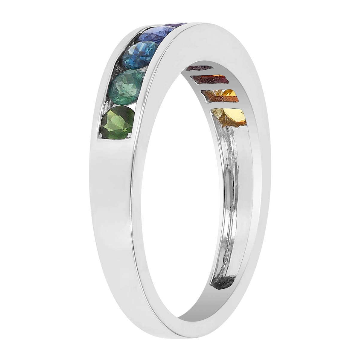 Multicolored Rainbow Round Sapphire Channel Set Ring in White Gold