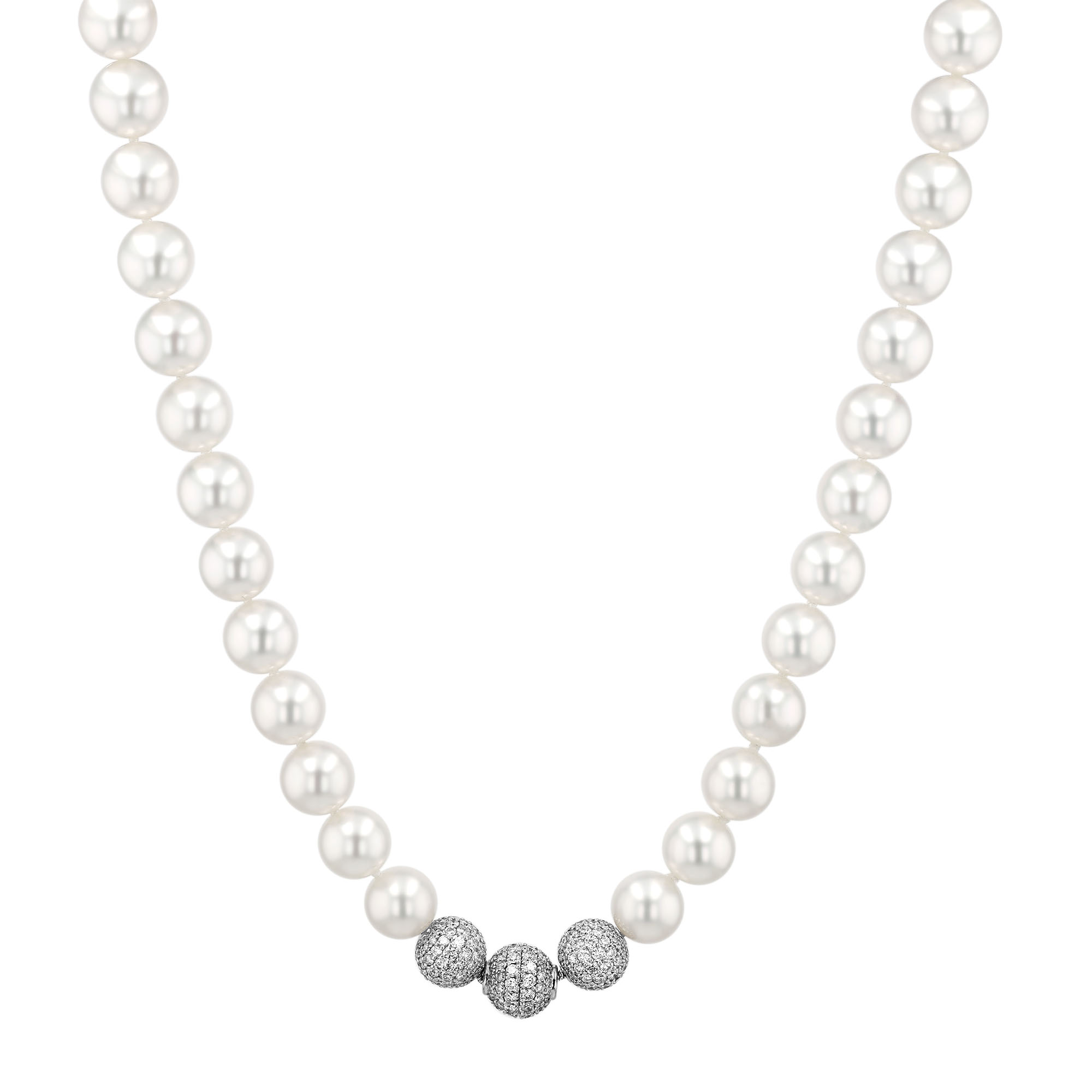 TARA Pearls South Sea Cultured Pearl Strand Necklace with Diamond Pave Bead Trio in White Gold, 18.