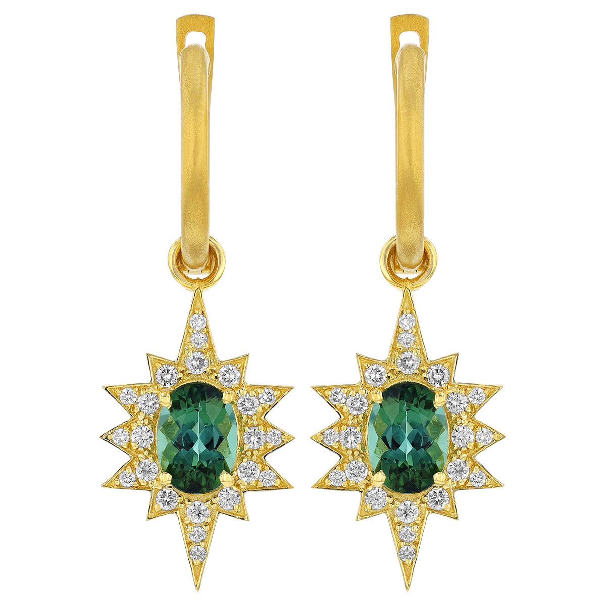 Marika Oval Tourmaline & Diamond Sunburst Dangle Hoop Earrings in Yellow Gold