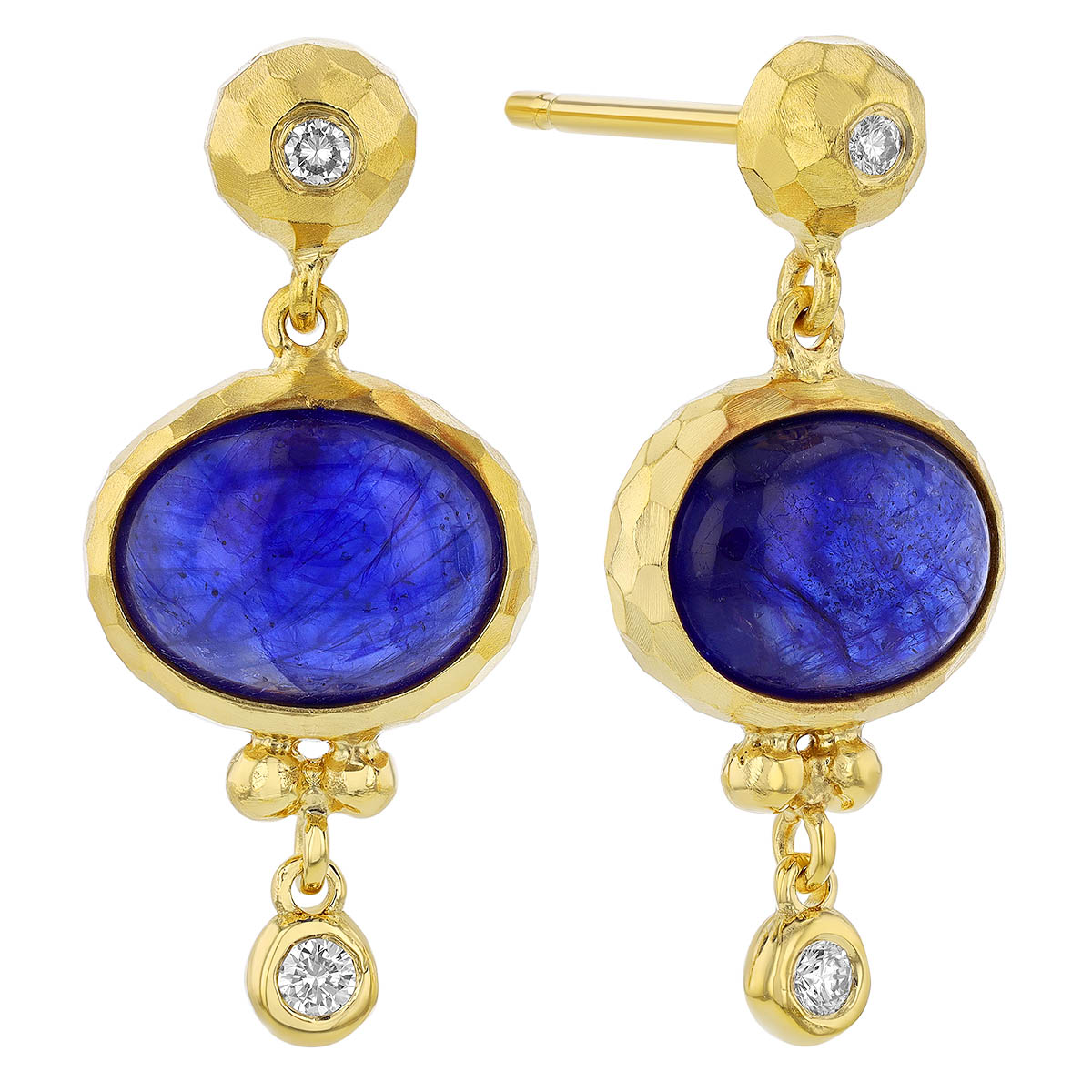 Marika Oval Cabochon Sapphire Dangle Earrings in Yellow Gold with Diamond Accent