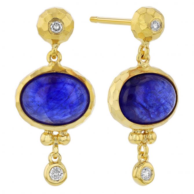 Marika Oval Cabochon Sapphire Dangle Earrings in Yellow Gold with Diamond Accent