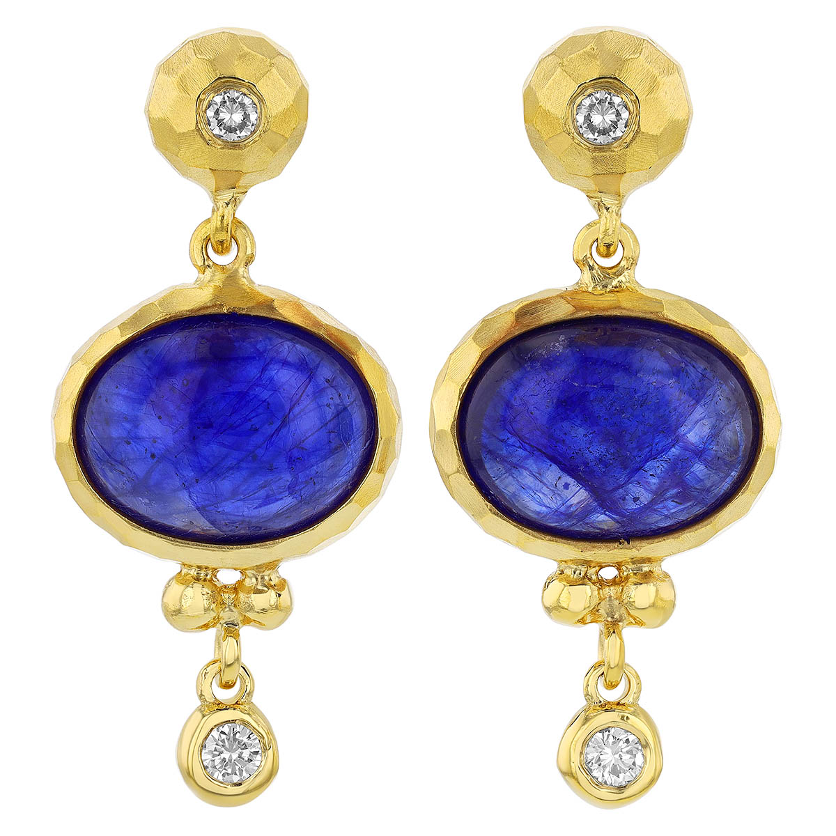 Marika Oval Cabochon Sapphire Dangle Earrings in Yellow Gold with Diamond Accent