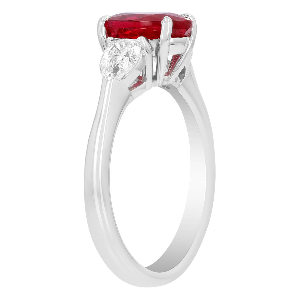 J.B. Star Oval Ruby & Shield Cut Diamond 3 Stone Ring in Platinum