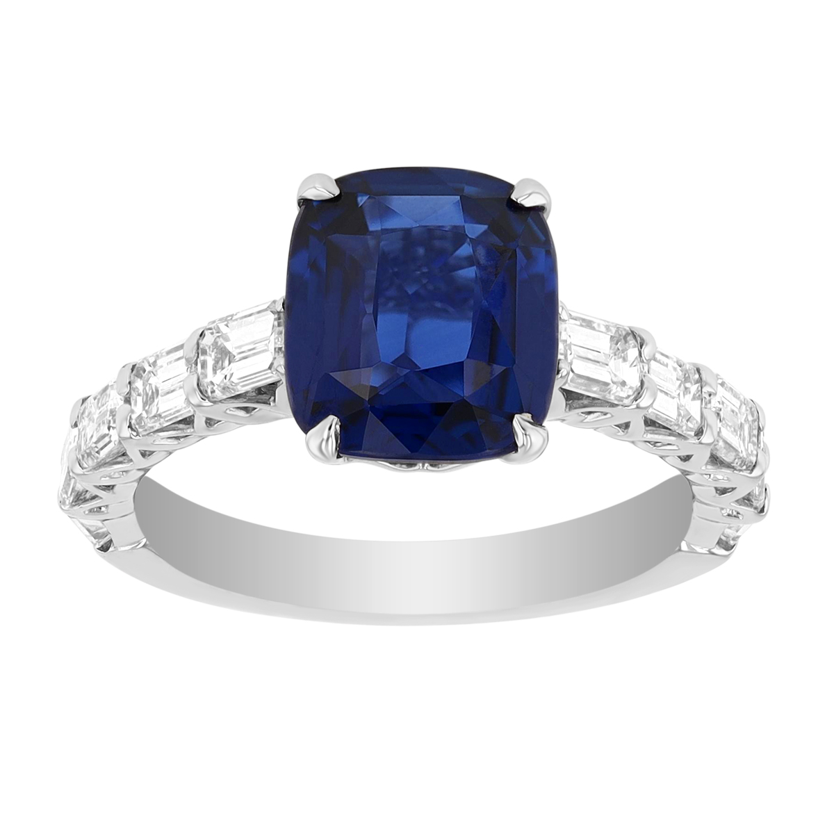 J.B. Star Cushion Cut Sapphire & Emerald Cut Diamond Side Stone Ring in Platinum