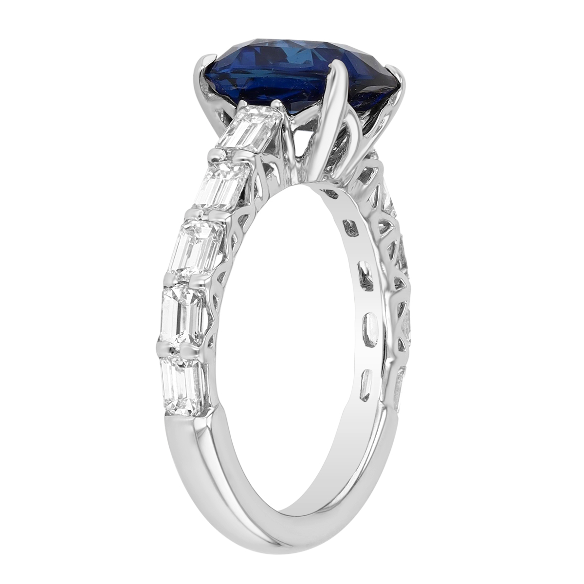 J.B. Star Cushion Cut Sapphire & Emerald Cut Diamond Side Stone Ring in Platinum