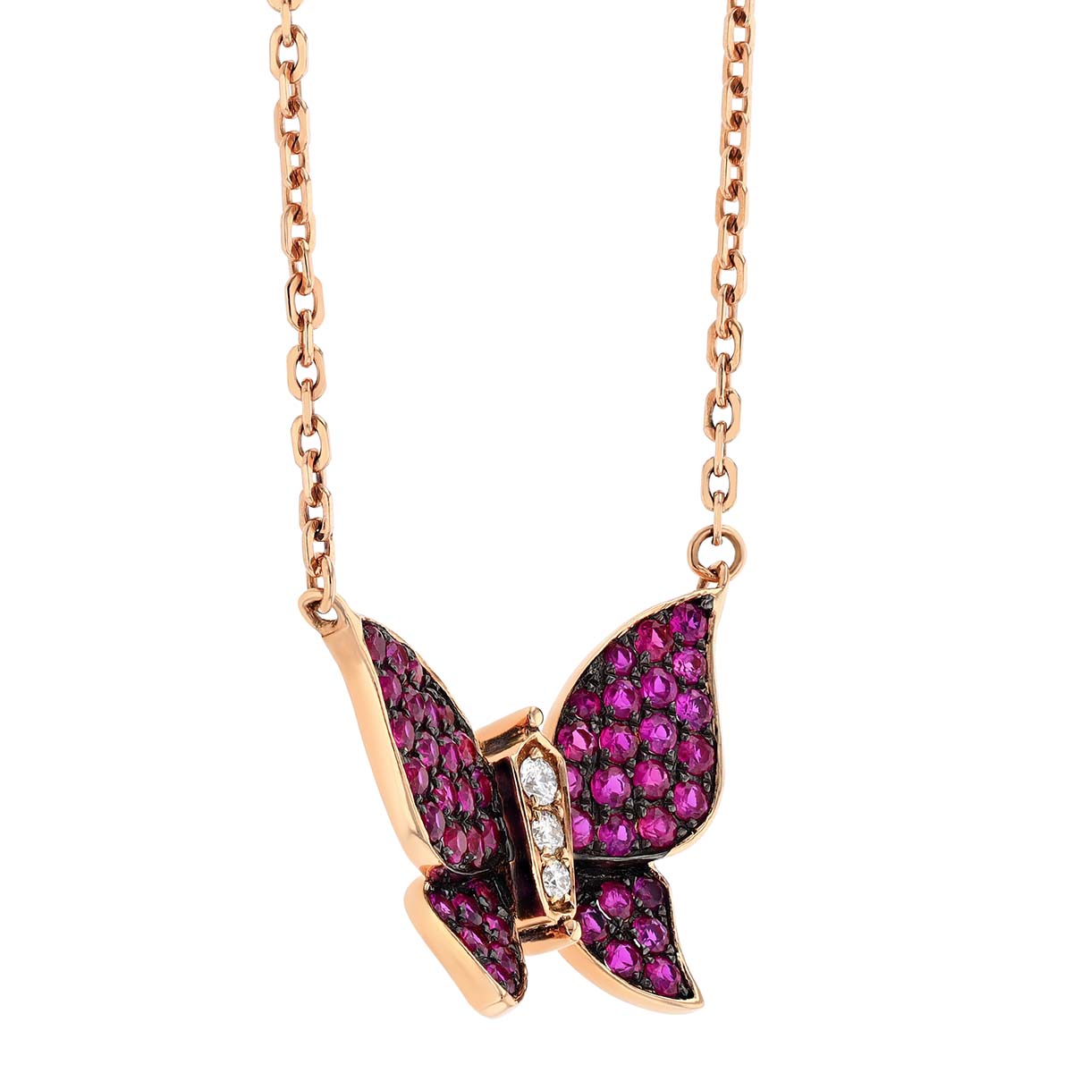 Ruby Pave & Diamond Butterfly Pendant in Rose Gold, 16
