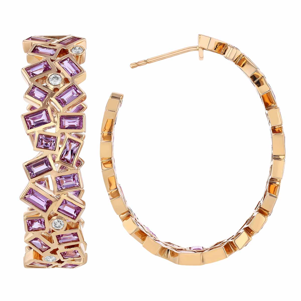 Straight Baguette Pink Sapphire & Round Diamond Bezel Mosaic Hoop Earrings in Rose Gold