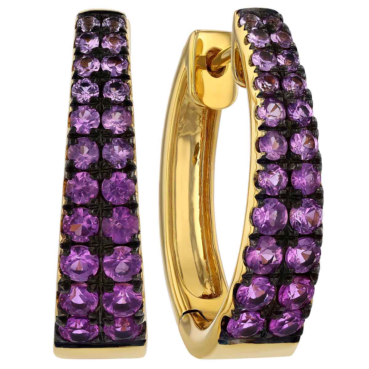 Graduated Pink Sapphire Two Row Tapered Hoop Earrings in Yellow Gold