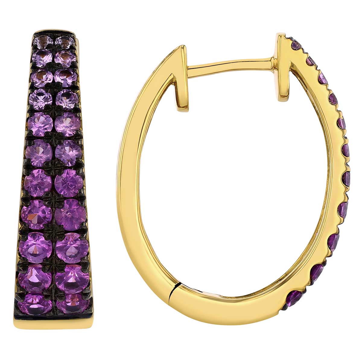 Graduated Pink Sapphire Two Row Tapered Hoop Earrings in Yellow Gold