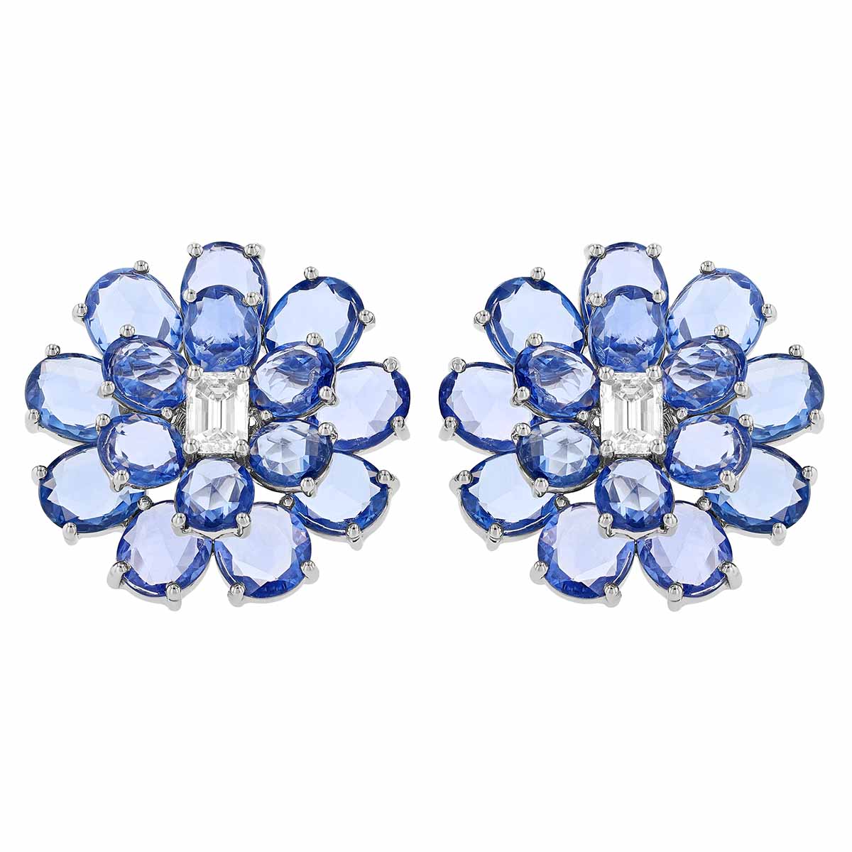 Oval Rose Cut Sapphire & Emerald Cut Diamond Flower Stud Earrings in White Gold