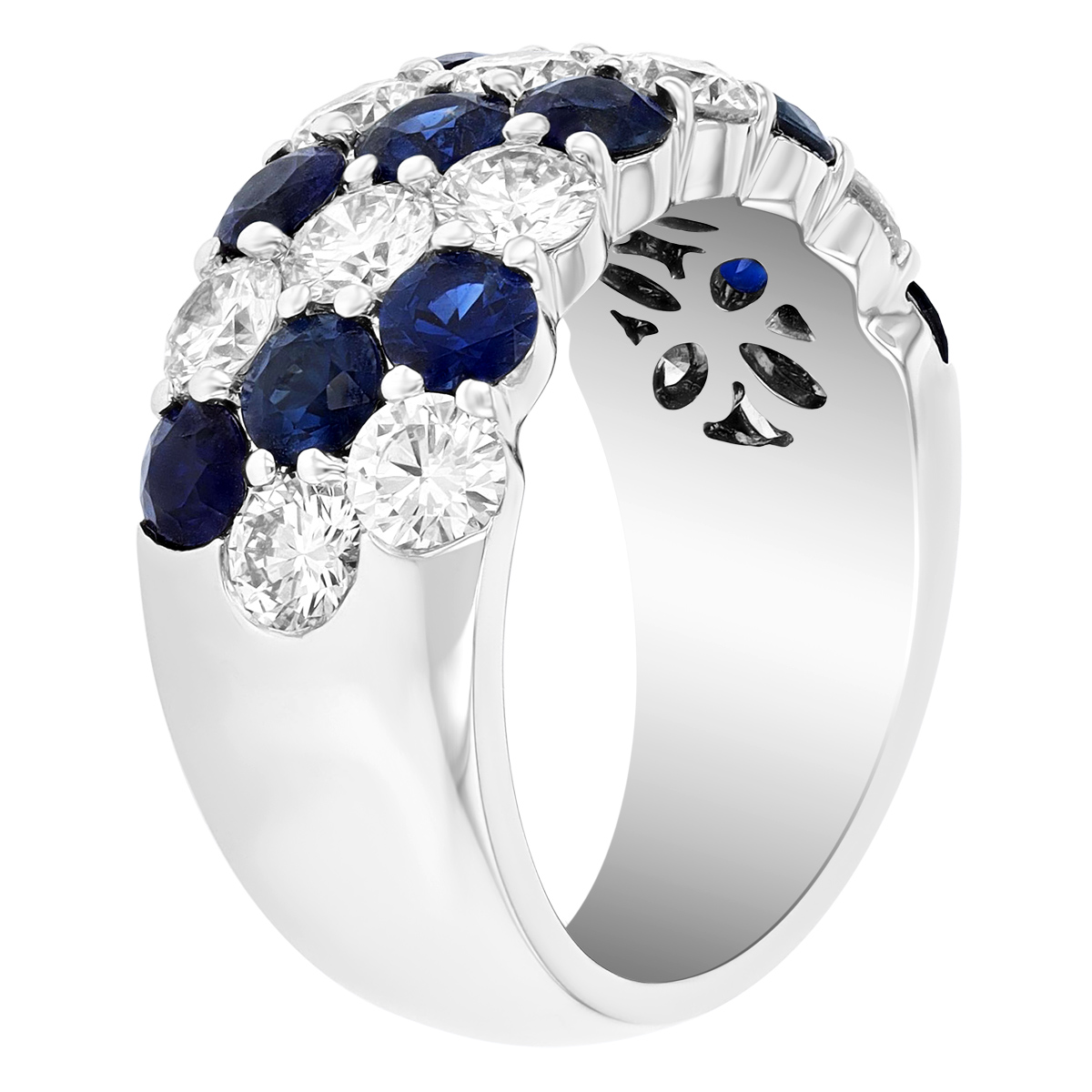 Sapphire & Diamond 3 Row Alternating Pattern Ring in White Gold