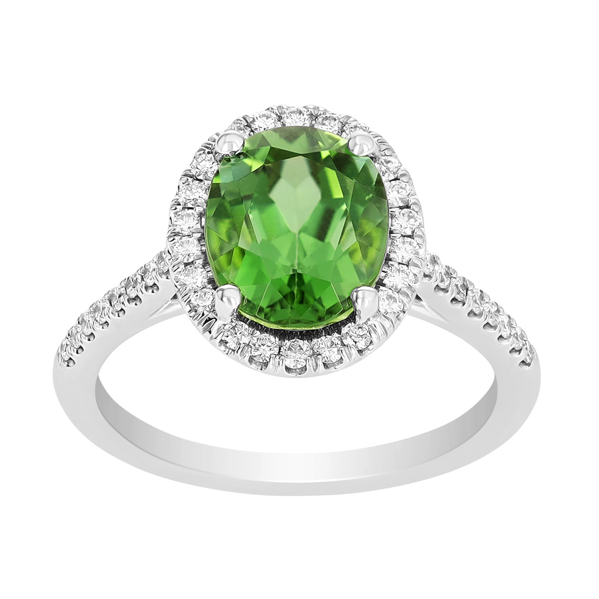 Oval Tourmaline & Diamond Halo Ring in White Gold