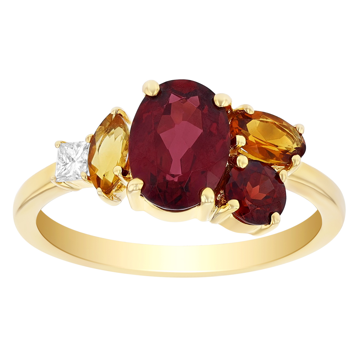 Rhodolite Garnet, Citrine & Diamond Mixed Gemstone Cluster Ring in Yellow Gold