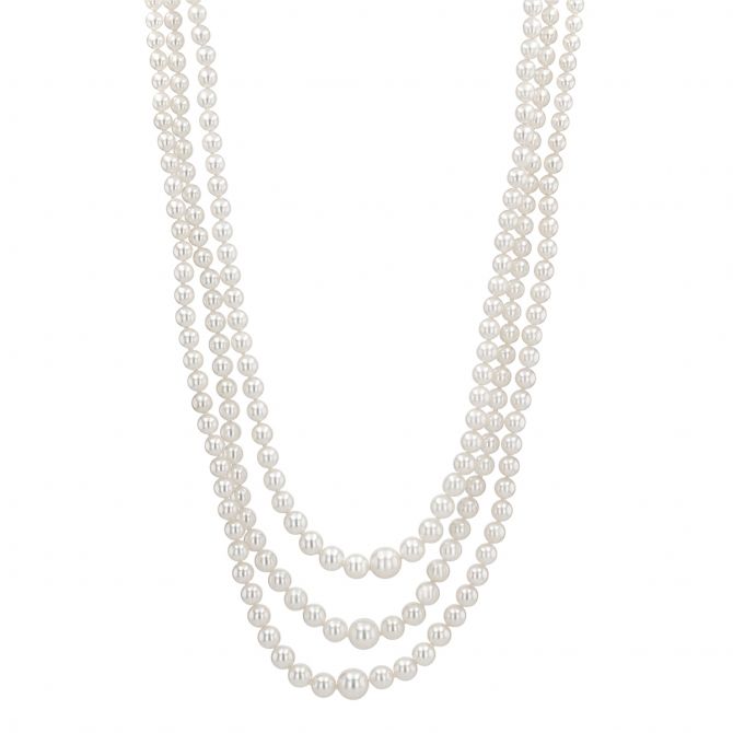 TARA Pearls White Culturd Pearl Triple Strand Necklace with Yellow Gold Clasp, 20"
