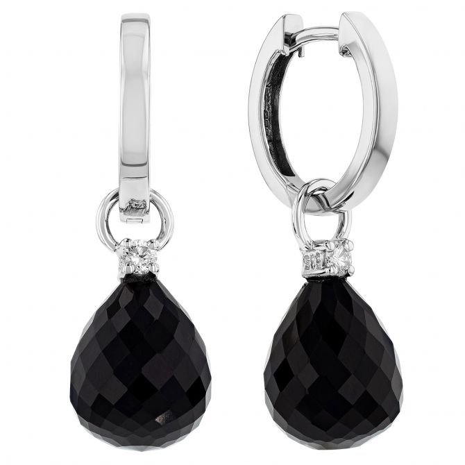 Black Onyx Chalcedony Briolette & Diamond Dangle Hoop Earrings in White Gold