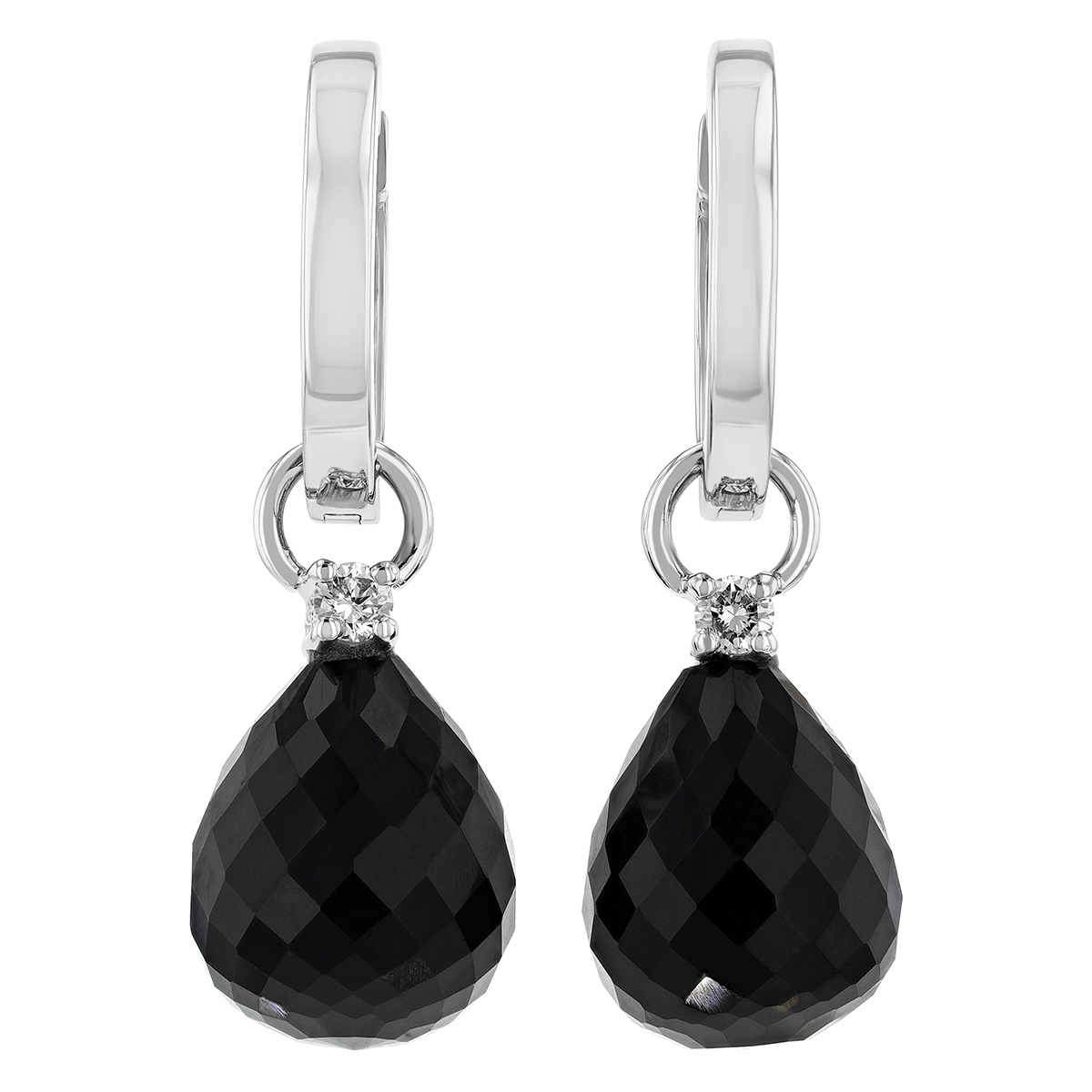 Black Onyx Chalcedony Briolette & Diamond Dangle Hoop Earrings in White Gold