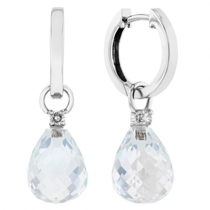 White Topaz Briolette & Diamond Dangle Earrings in White Gold