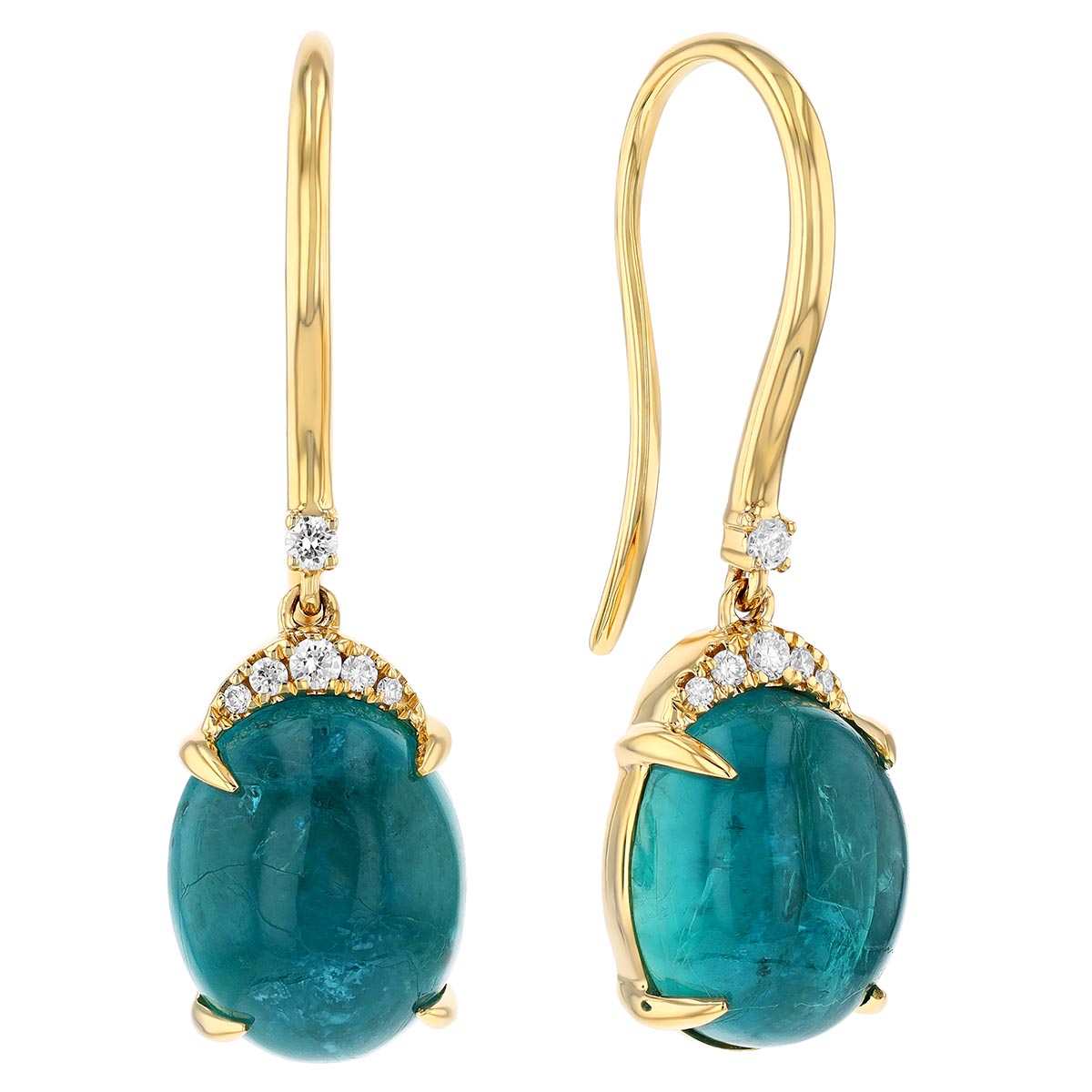 Oval Cabochon Grandidierite & Diamond Dangle Earrings in Yellow Gold