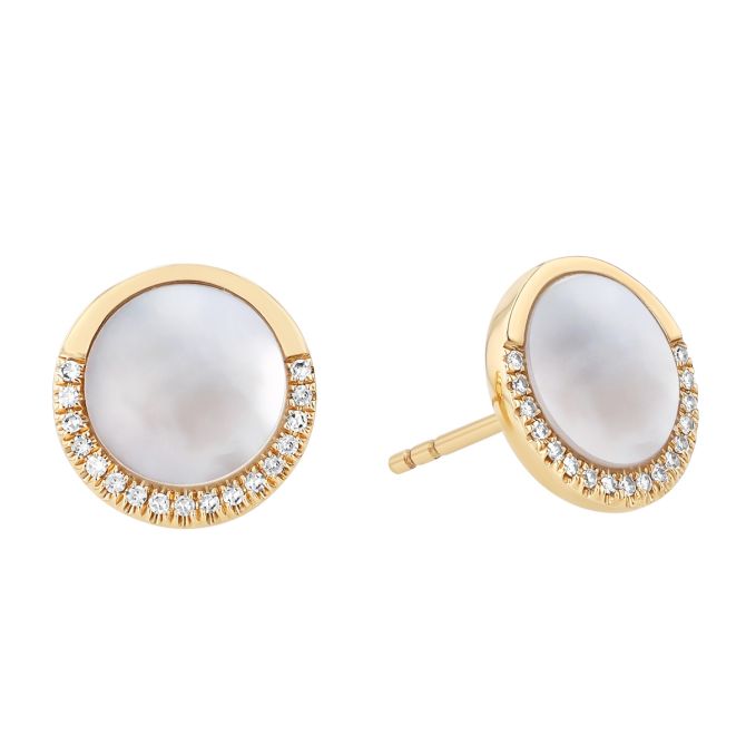 Doves Mother of Pearl & Half Diamond Halo Circle Stud Earrings in Yellow Gold