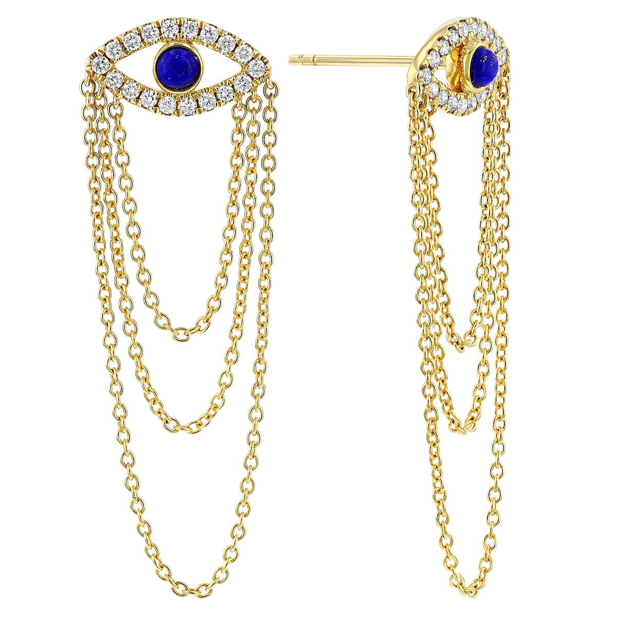 Doves Round Cabochon Lapis Lazuli & Diamond Triple Chain Dangle Earrings in Yellow Gold