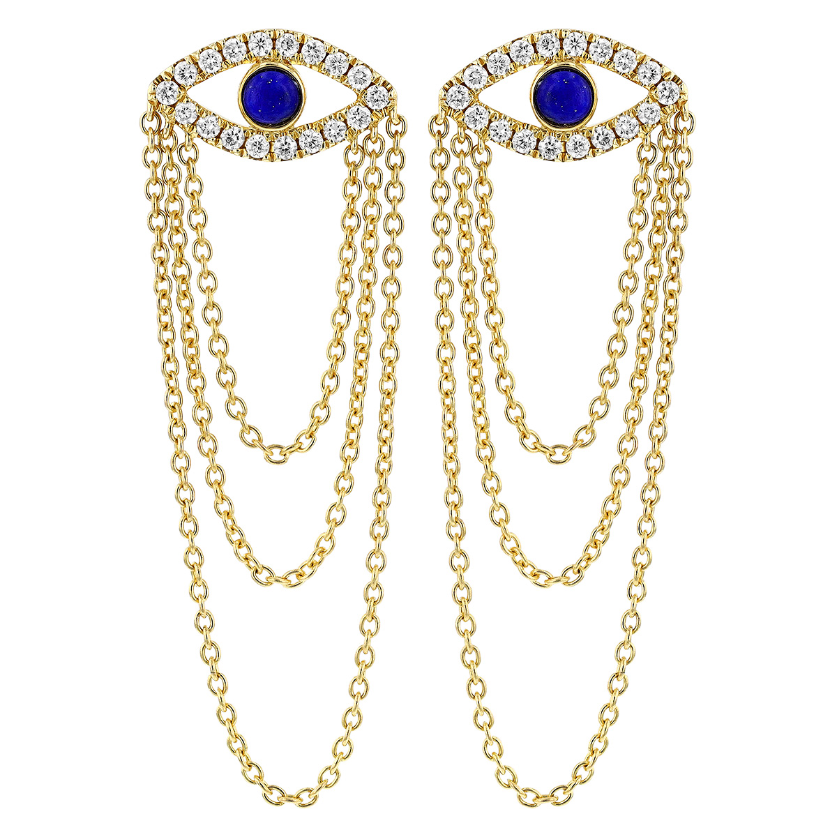 Doves Round Cabochon Lapis Lazuli & Diamond Triple Chain Dangle Earrings in Yellow Gold