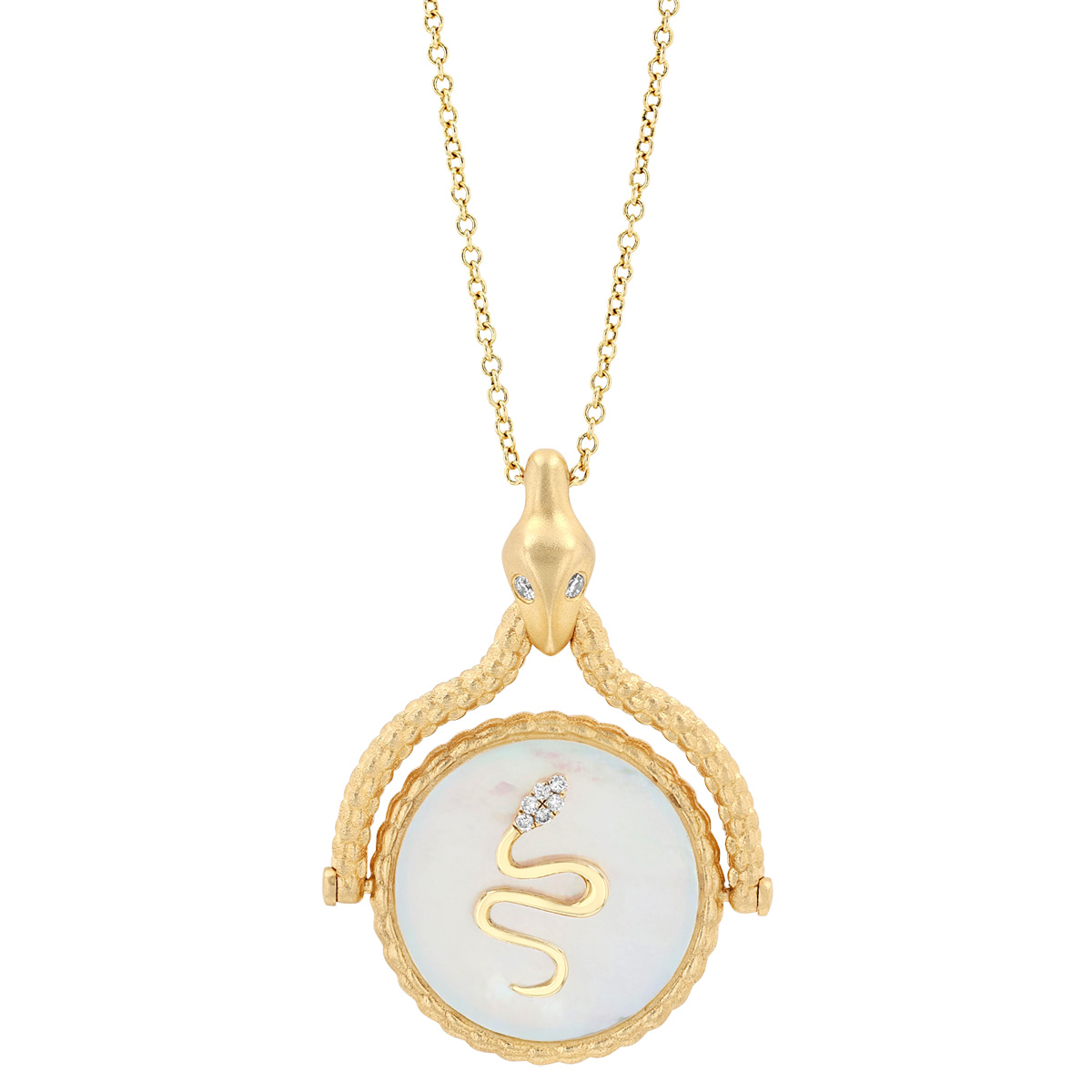 Doves Mother of Pearl Snake Disc Pendant with Diamond Accent in Yellow Gold, 16