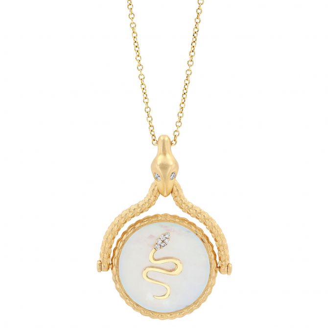 Doves Mother of Pearl Snake Disc Pendant with Diamond Accent in Yellow Gold, 16"