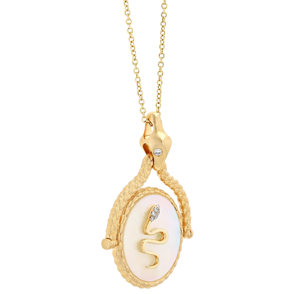 Doves Mother of Pearl Snake Disc Pendant with Diamond Accent in Yellow Gold, 16
