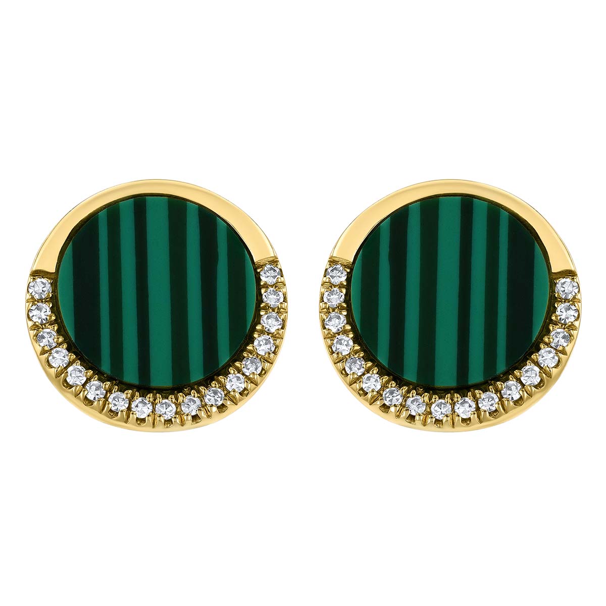 Doves Round Malachite & Half Diamond Halo Stud Earrings in Yellow Gold