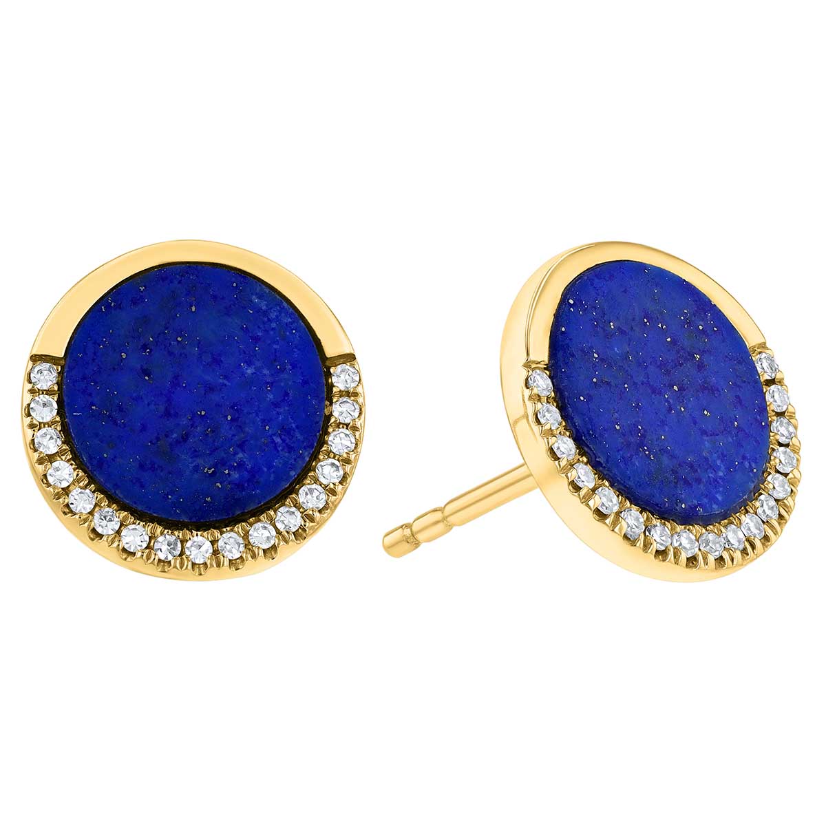 Doves Round Lapis Lazuli & Half Diamond Halo Stud Earrings in Yellow Gold