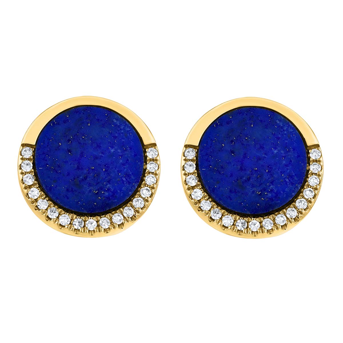 Doves Round Lapis Lazuli & Half Diamond Halo Stud Earrings in Yellow Gold