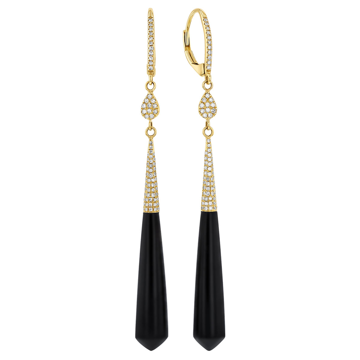 Doves Black Onyx Chalcedony & Diamond Long Dangle Hoop Earrings in Yellow Gold