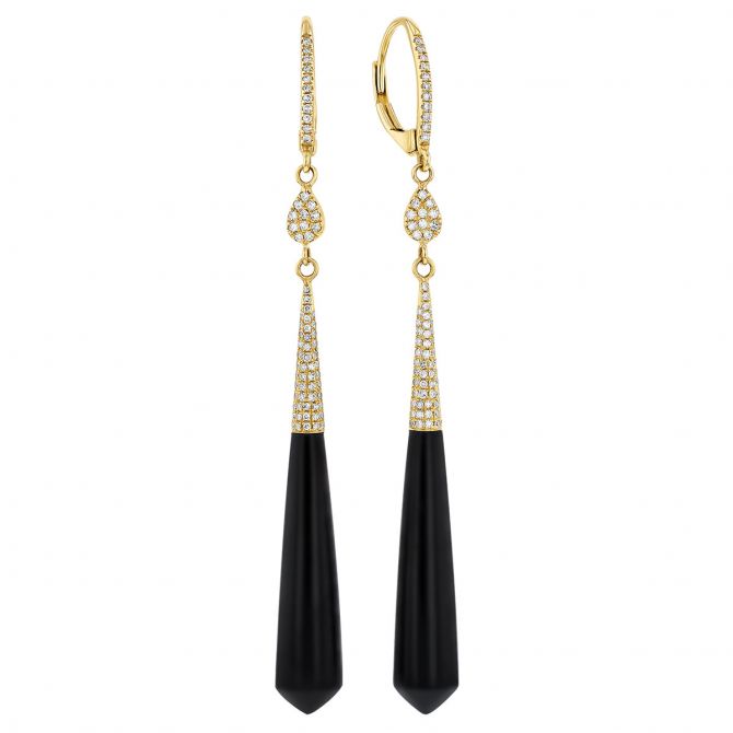 Doves Black Onyx Chalcedony & Diamond Long Dangle Hoop Earrings in Yellow Gold