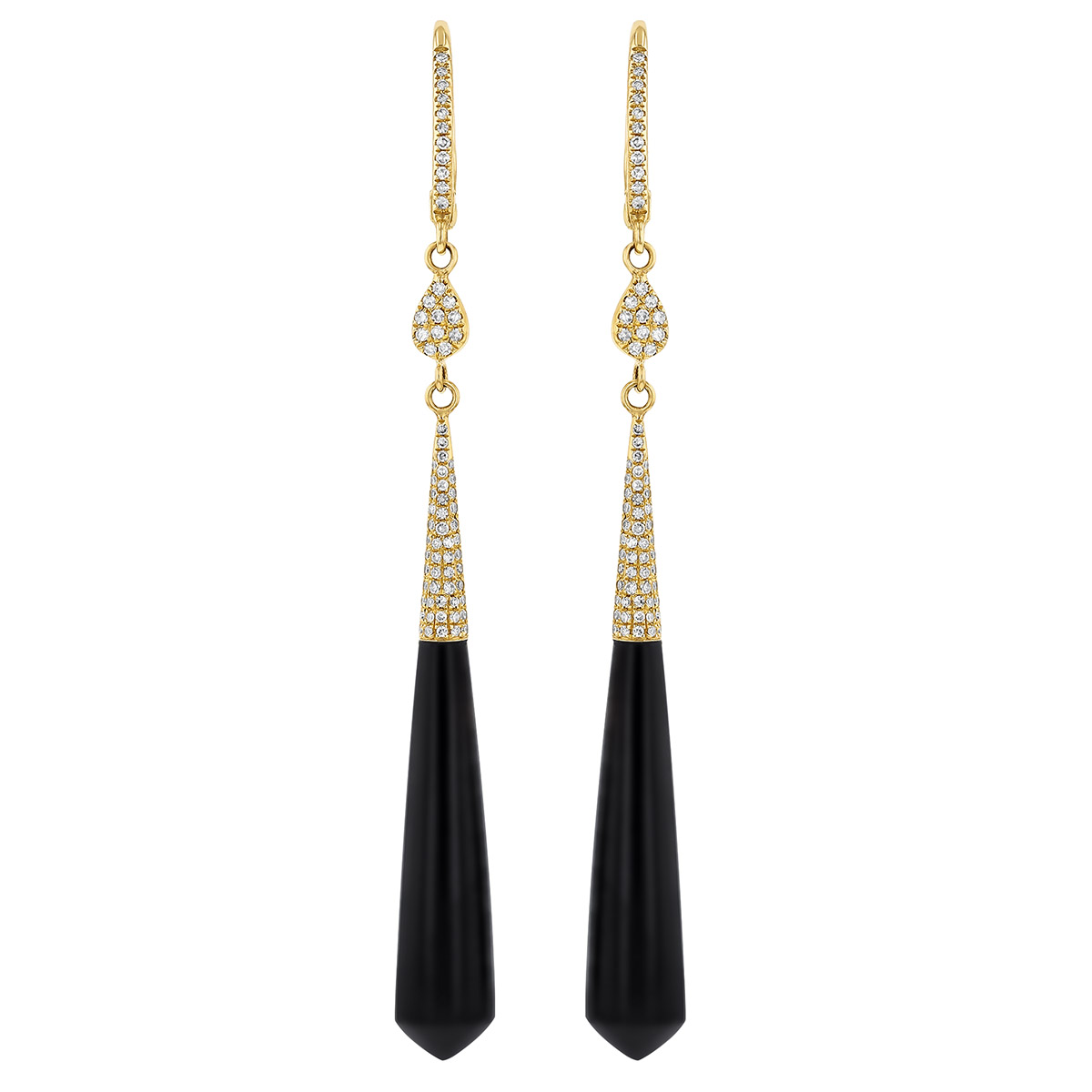 Doves Black Onyx Chalcedony & Diamond Long Dangle Hoop Earrings in Yellow Gold
