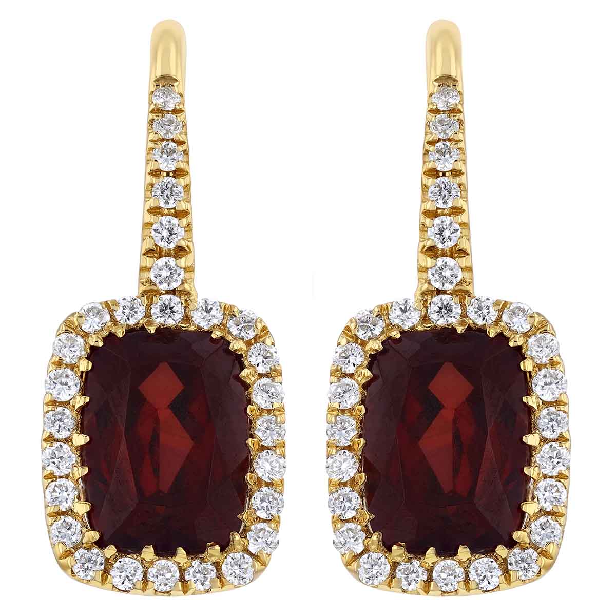 Doves Cushion Cut Garnet & Diamond Halo Drop Earrings in Yellow Gold