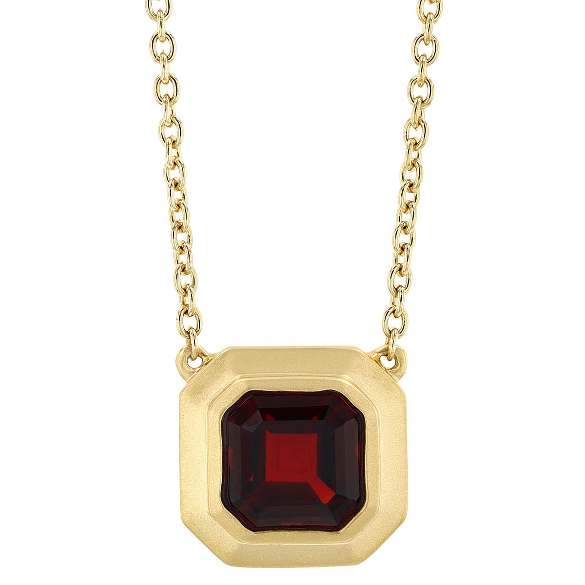 Doves Square Step Cut Garnet Bezel Set Pendant in Yellow Gold, 18