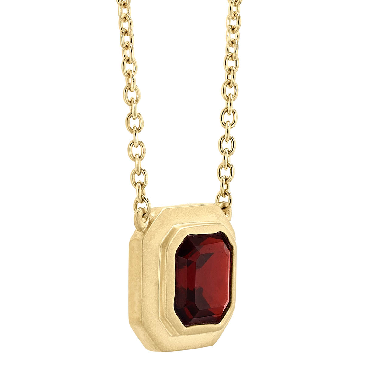 Doves Square Step Cut Garnet Bezel Set Pendant in Yellow Gold, 18
